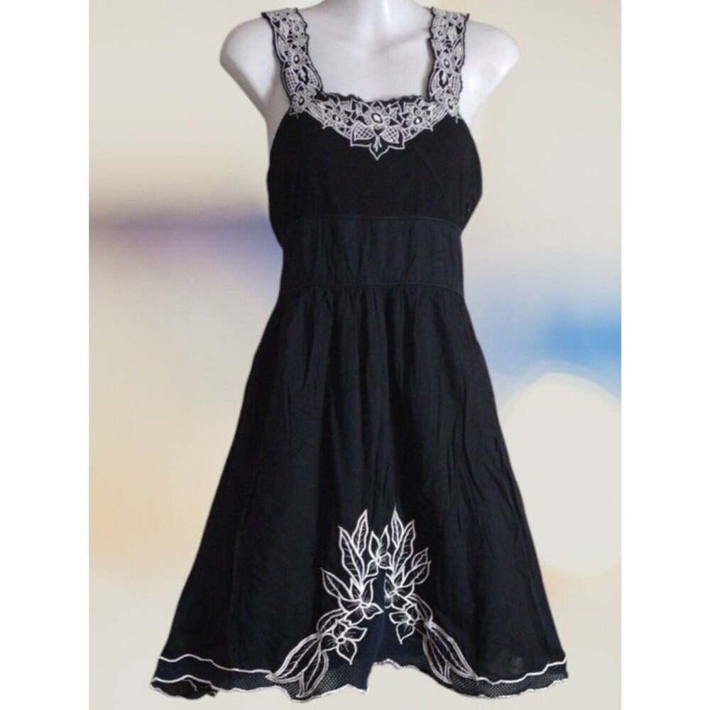 Free People Black Midi Dress with White Floral Embroidery